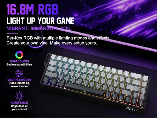 Compact 60% RGB gaming keyboard 16.8M customizable colors 14 backlit modes for PC gamer