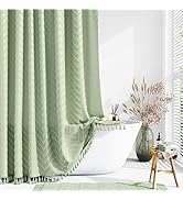 Dynamene Boho Farmhouse Shower Curtain, Sage Green Fabric Tufted Chevron Striped Textured Tassel ...