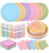 durony 360 Pieces Pastel Rainbow Disposable Party Supplies Serves 48 Guests Include 7" and 9" Pas...