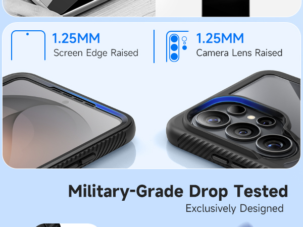 Text reads '1.25MM Screen Edge Raised', '1.25MM Camera Lens Raised', 'Military-Grade Drop Tested', 'Exclusively Designed'. Smartphone case showing protective screen and camera lens edge specifications, demonstrating durability features.