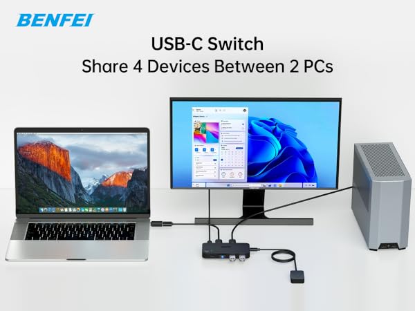 USB-C switch device for sharing 4 devices between 2 PCs. Shown connected to a laptop, monitor, and desktop computer.