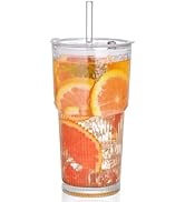 AUFXKOO 20oz Ribbed Glass Coffee Cups,1PCS Glass Cups with Lid and Straw,Vintage Iced Coffee Cups...