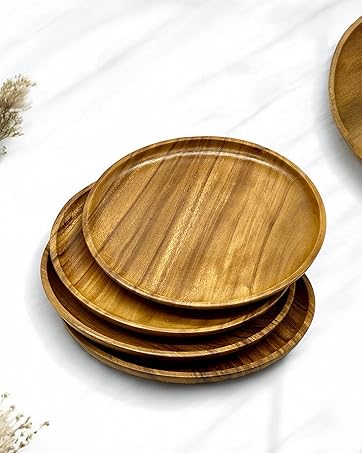Plate Round Dinner Wood Acacia Set 4 Food Charcuterie Steak Serving Handmade Natural Platter Grains