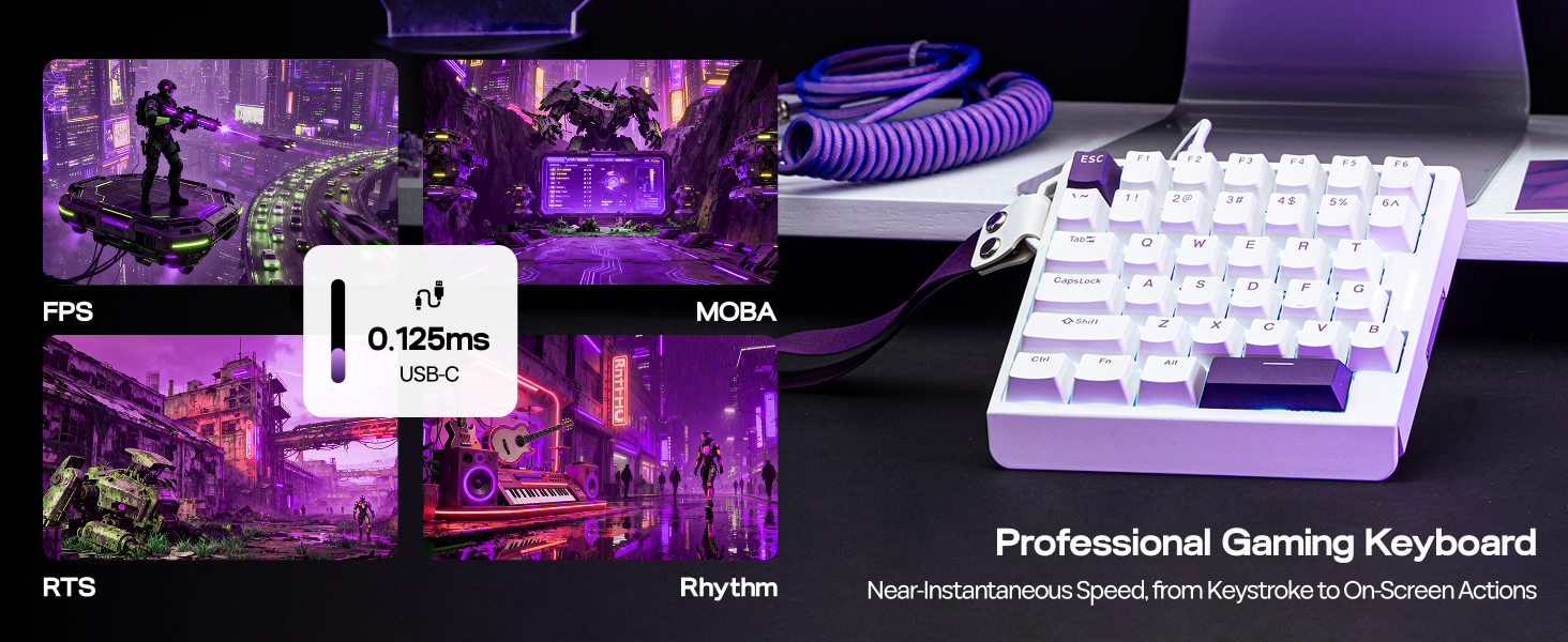 Text reads 'Professional Gaming Keyboard'. Gaming setup featuring RGB-lit mechanical keyboard with multiple monitors and purple ambient lighting in background.