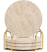 Marmor Coasters Natural Travertine Marble Coasters Set of 4 for Drinks Absorbent Stone with Holde...