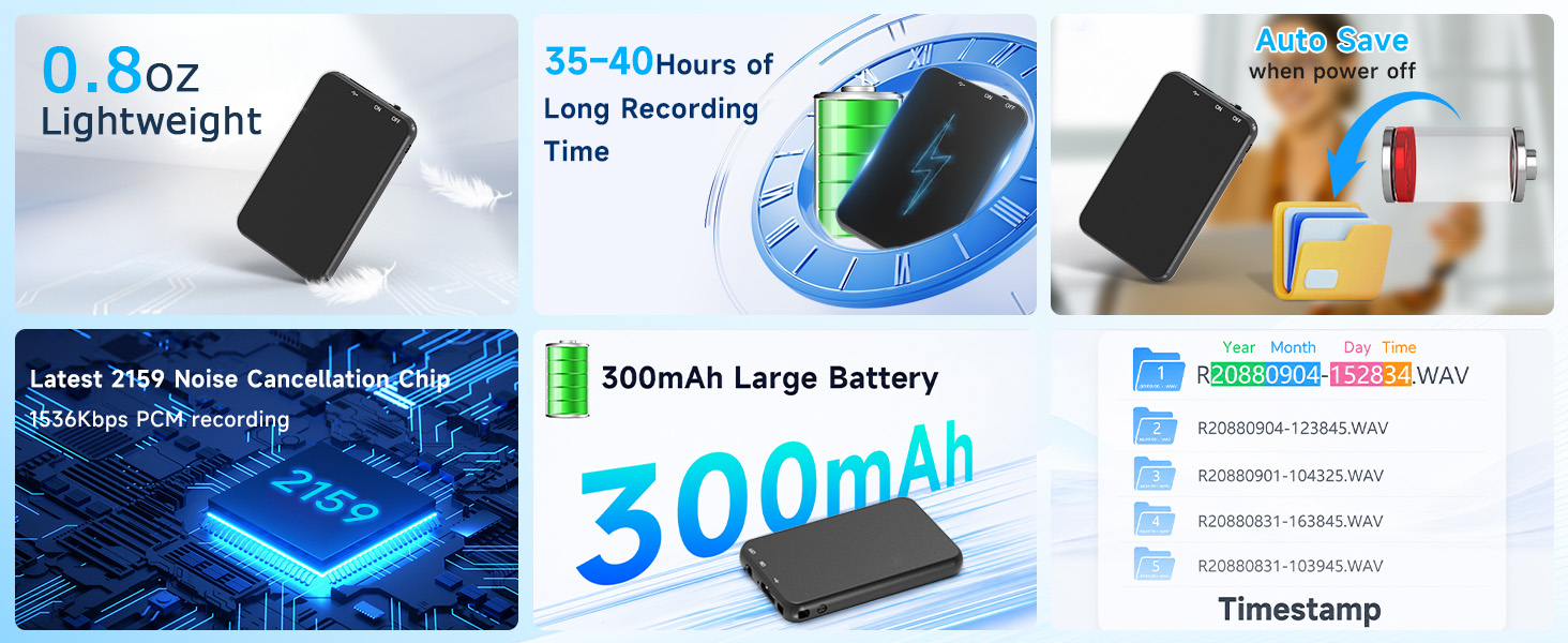 lightweight noise cancellation chip 1536kbps PCM recording 300mah large battery auto save timestamp
