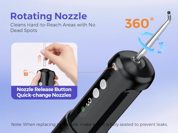 Text reads 'Rotating Nozzle' '360°' with close-up of hand holding black charging device featuring rotating nozzle mechanism and 'Nozzle Release Button' labeled. Additional text mentions prevention feature.