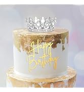 BAHABY Silver Crown Cake Topper Set, Rhinestone Tiaras for Women and Happy Birthday Cake Topper H...