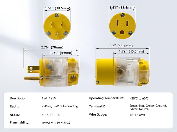 plug and connector 15amp 2pole wire grounding