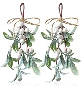 2 Pack Artificial Mistletoe Hanging Ornaments, 9 Inches Length, White Berries, Christmas Décor fo...