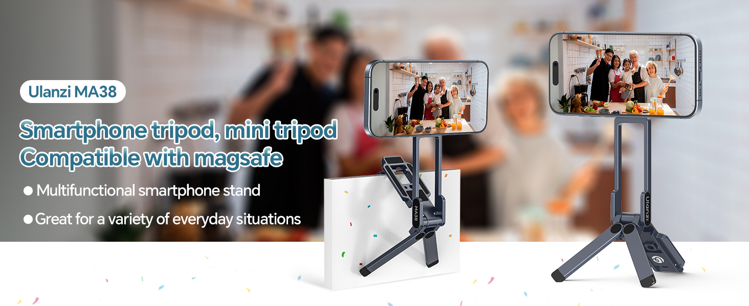 Smartphone holder or stabilizer device with extending arms and adjustable grip, shown with phones mounted for demonstration purposes.