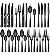 Stapava 24 Pcs Black Silverware Set with Steak Knives, Food-Grade Stainless Steel Flatware Set fo...