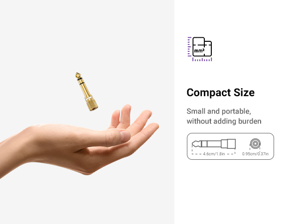 Small gold-colored device held in a hand, with 'Compact Size' text and icons indicating portability