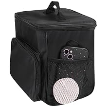 Black insulated cooler bag with top handle, side pocket, and circular mesh panel. Features a digital display, possibly for temperature control.