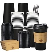 BYSNOW 50 Pack 16 oz Disposable Coffee Cups with Lids, Paper Hot Coffee Cups with Sleeve and Stra...