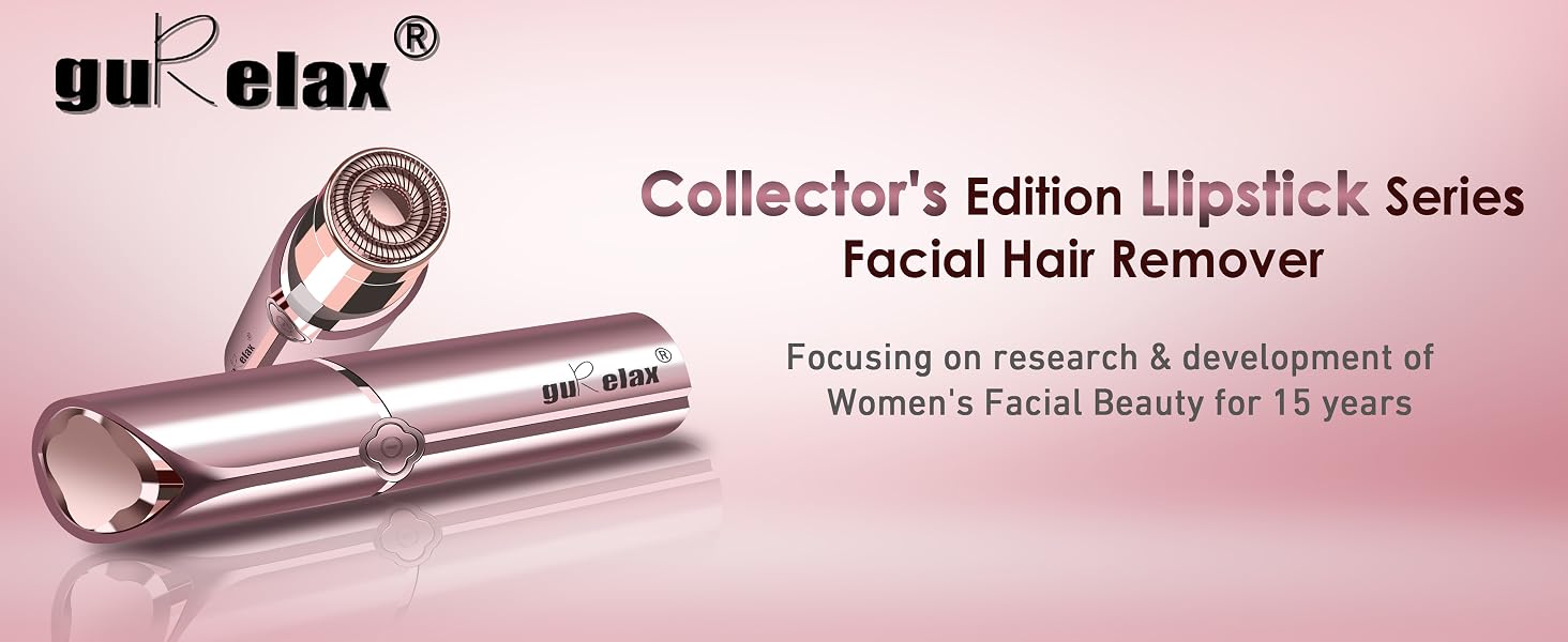 Gurelax lipstick-shaped facial hair remover device in metallic rose gold finish, shown with product name and collection details.