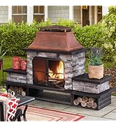Sunjoy Outdoor Fireplace, Patio Wood Burning Fireplace with Steel Chimney, Mesh Spark Screen Door...