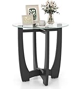 Giantex Glass End Table, Round Side Table with Rubber Wood Frame & Tempered Glass Top, 23.5" Smal...