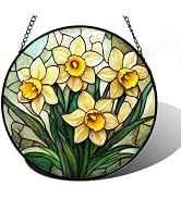 DASTOLL Stained Glass Window Hanging, Daffodil Plant Flowers Sun Catchers Diamond Glass Panel Han...
