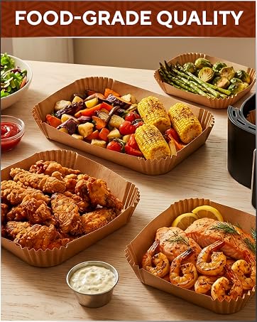 Food-grade disposable air fryer liners for cooking a variety of meals.