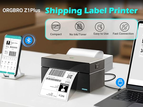 Thermal printer shown in use on desk with printed shipping labels and smartphone