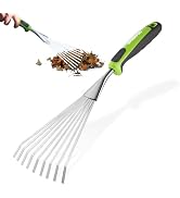 Series of images showing green-handled rake tool being used to gather and lift scattered debris or materials.