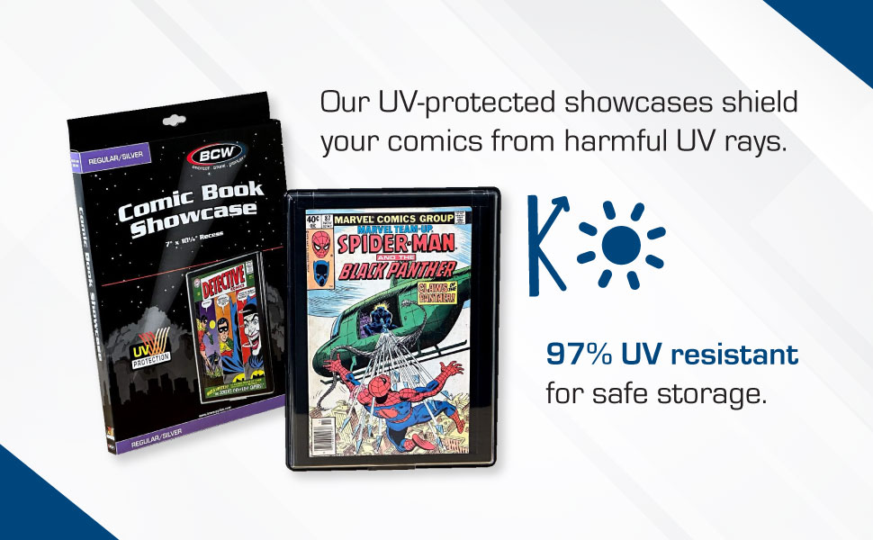 Comic Book Showcase packaging and a protected comic, promoting 97% UV resistance for safe storage