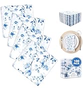 Decorably 100 Pack 3-Ply Blue Floral Cocktail Napkins - 5x5in Blue Floral Napkins Disposable for ...