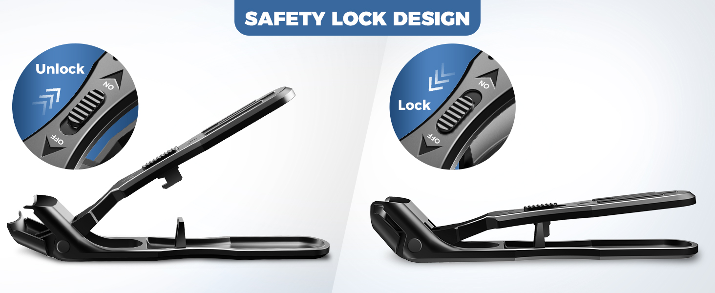 Product diagram showing safety lock mechanism on a black device in unlock and lock positions, with directional arrows indicating movement.