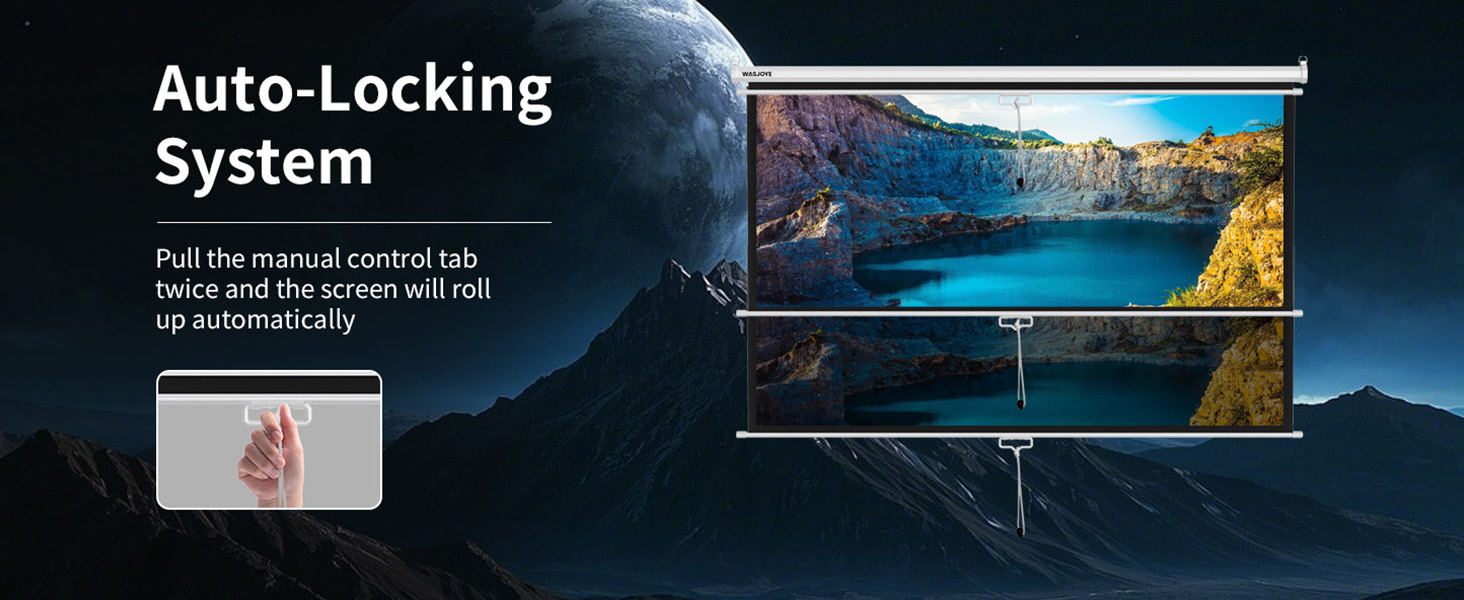 Projector screen with auto-locking system. Features pull-down manual control and automatic roll-up. Displays nature scene on white screen against dark background.