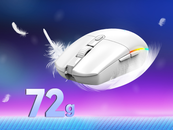 White wireless computer mouse with RGB lighting strip, surrounded by floating feathers. Text '72g' indicates lightweight design. Smooth, ergonomic shape with visible buttons and scroll wheel.
