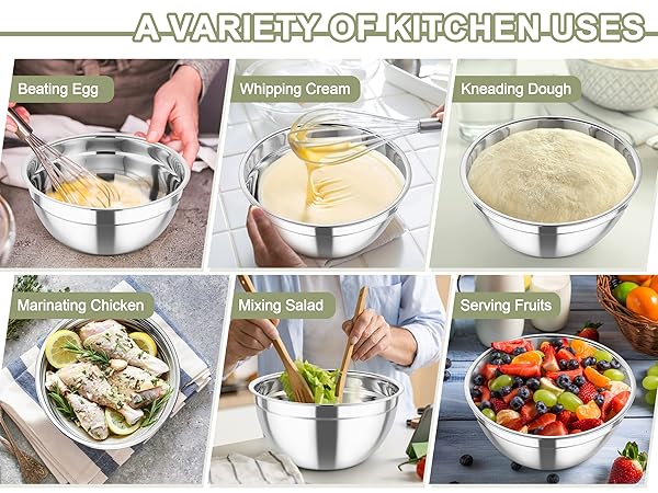 various kitchen needs: serving flour, kneading dough, baking food, mixing salad, washing vegetables