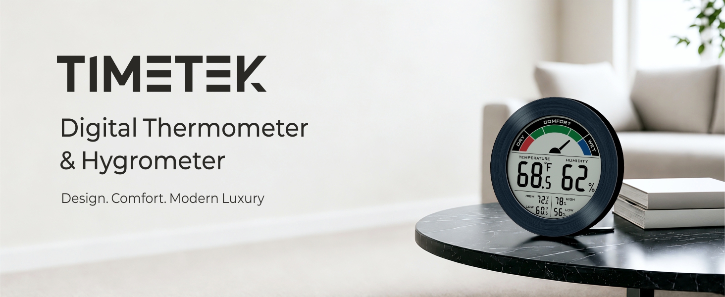 TIMETEK Digital Thermometer Hygrometer on a table in a living room