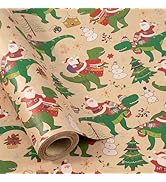 RUSPEPA Kraft Christmas Dinosaur Wrapping Paper Roll, Mini Roll, Santa Claus Riding T-Rex Design ...