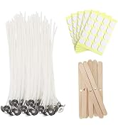 JEAWIWI 100 Pcs Cotton Candle Wicks (8 Inches) with 100 Pcs Wick Stickers and 10 Pcs Wooden Candl...
