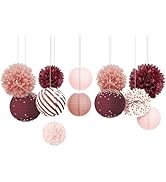 NICROLANDEE Burgundy Party Decorations 12PCS Hanging Paper Lanterns Tissue Pom Poms Decor for Ret...