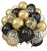 Balloons Black Gold, 60 Packs 12 Inch Black Metallic Chrome Gold Latex Balloons with Gold Confett...