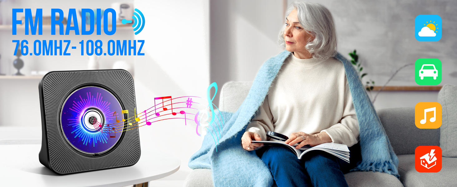 CD player and FM radio for seniors listening to music news and weather at home sofa