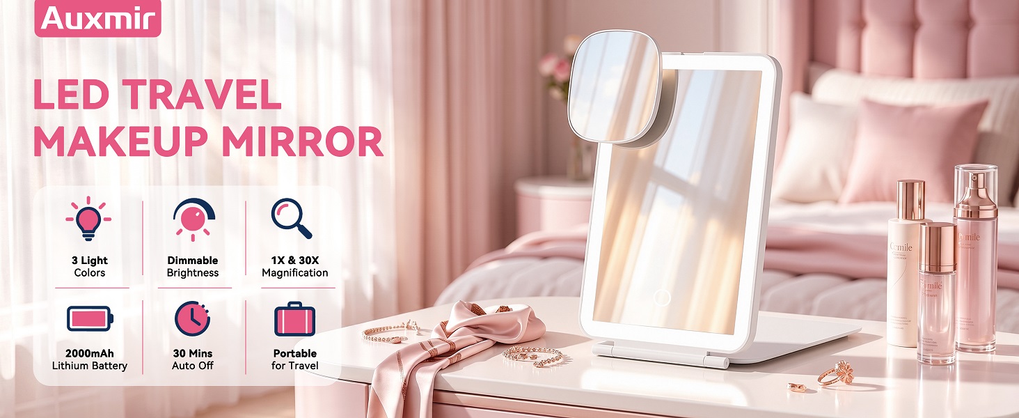 Travel makeup mirror with light