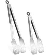 Lebabo Tongs for Cooking, Set of 2 Metal Spatula Tongs for Grilling, Gray | 9 inch & 12 inch, Fla...