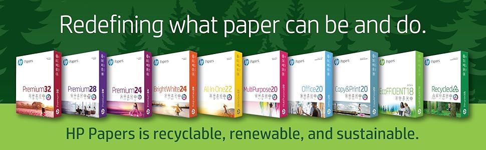 Array of complete line of HP Papers, HP Papers is recyclable, renewable, and sustainable.