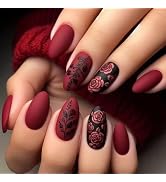 LBPEPAMZ Red Press on Nails Short Medium Almond Fake Nails with Black Rose Designs Pink Embossed ...