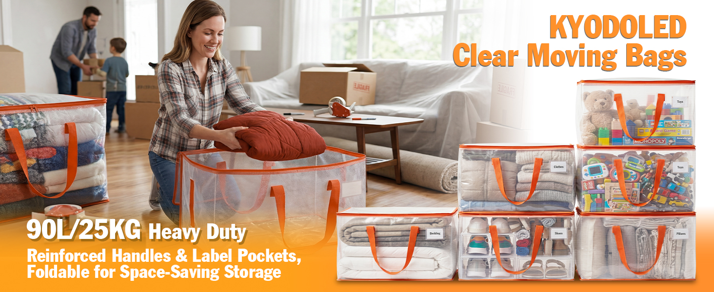 KYODOLED Clear Moving Bags, 90L/25KG Heavy Duty, Reinforced Handles & Label Pockets