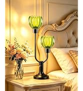 TECHYAP Vintage Green Glass Flower Table Lamp Dimmable Nightstand Lamp | 2 Bulbs Included Mid Cen...