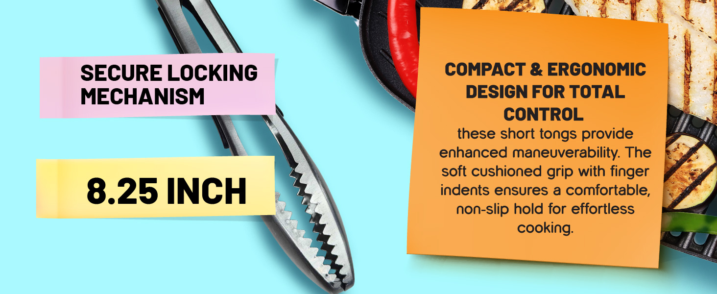 Stainless Steel Gripper Tongs – 8.25 Inch Metal Tongs with Teeth for Nonslip Grilling, Cooking