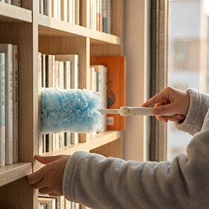 cleaning bookshelves with duster