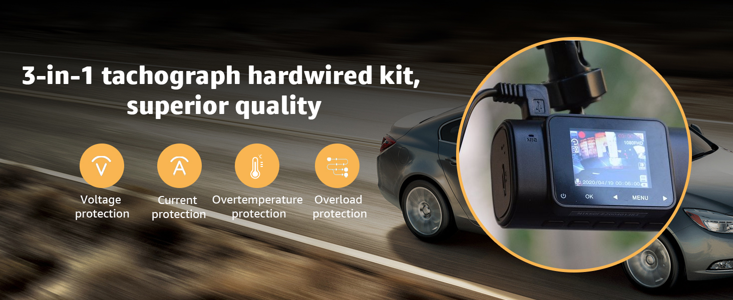 3-in-1 Hardwire Kit, USB-C Dash Cam, Low Voltage Protection, 12V-24V to 5V