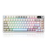 Series of mechanical keyboard views showing RGB backlit keys with white keycaps. Keys display colorful rainbow lighting effects across the board.
