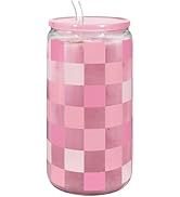 Checker 16 Oz Can Glass Tumbler with Acrylic Lid and Straw - Iced Coffee Cups for Women, Aestheti...