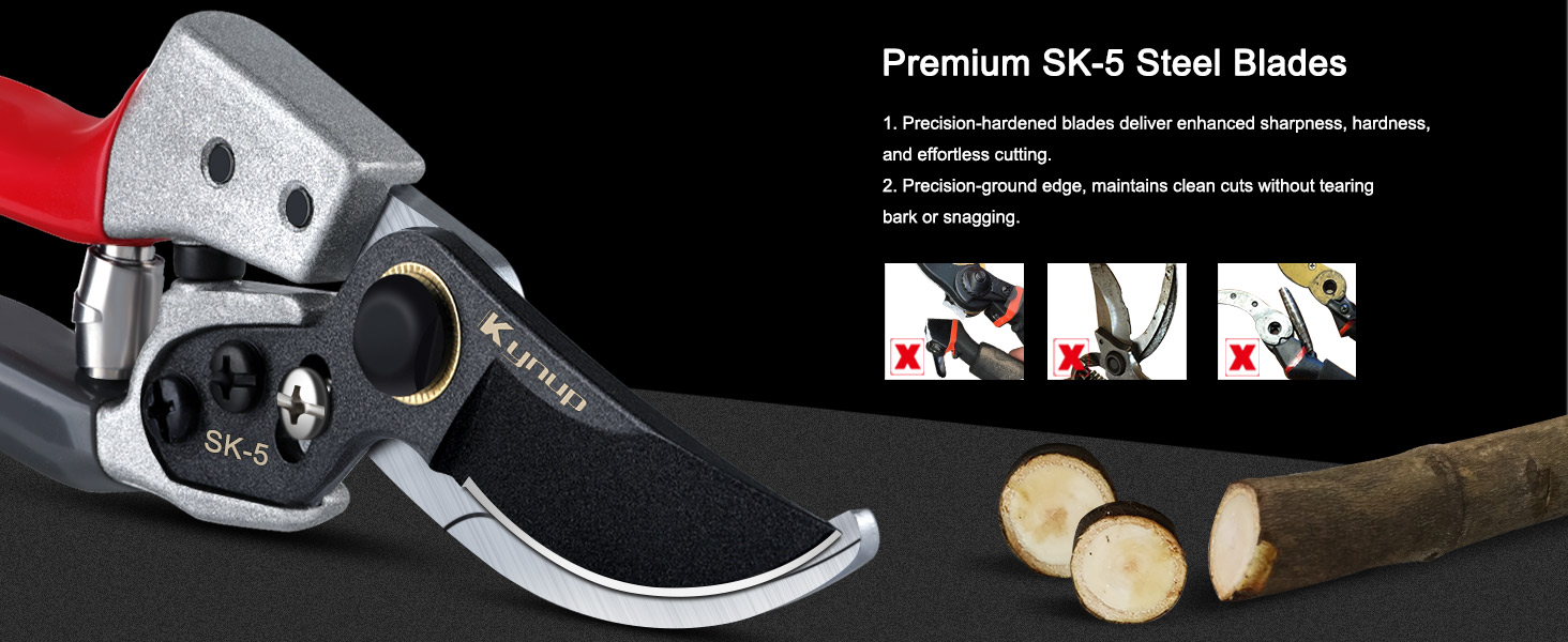 Text reads 'Premium SK-5 Steel Blades'. Professional pruning shears shown with close-up of cutting action on wood.